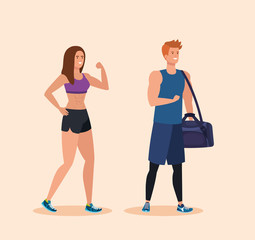 fitness woman and man with bag to healthy activity