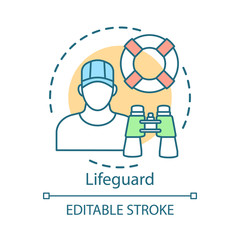 Lifeguard concept icon. Professional rescuer idea thin line illustration. Summer part time job. Beach emergency rescue. Ring buoy, binoculars. Vector isolated outline drawing. Editable stroke