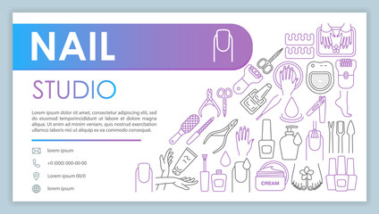 Nail studio web banner, business card vector template. Manicure salon contact page with phone, email linear icons. Presentation, web page idea. Female beauty parlor corporate print design layout