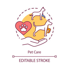 Pet care concept icon. Domestic animals clinic idea thin line illustration. Helping injured dogs, cats. Veterinary treatment and support center. Vector isolated outline drawing. Editable stroke