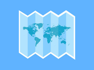 A white travel icon around the world is depicted on the blue background and the text and button on the left.