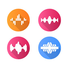 Sound waves flat design long shadow glyph icons set. Audio, music, radio signal waves. Vibration, synergy, motion lines. Digital curve soundwaves frequency. Vector silhouette illustration