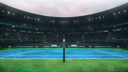 blue and green tennis court stadium with fans at daytime, referee's side view, professional tennis sport 3D illustration background © LeArchitecto