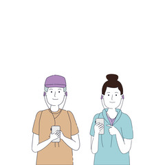 young couple friends listen music with player