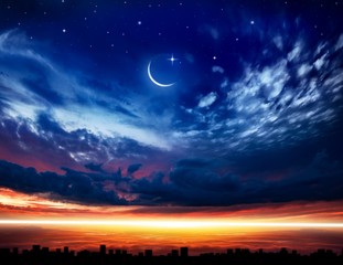 Cityscape Sunset. Crescent moon with beautiful sunset background . Generous Ramadan . Religion background 