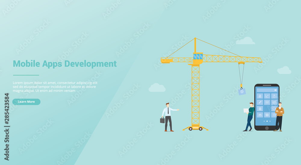 Poster mobile apps development technology with team developer and crane with modern flat style and for webs