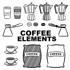 Vector coffee elements. Hand drawn illustration. Food design.