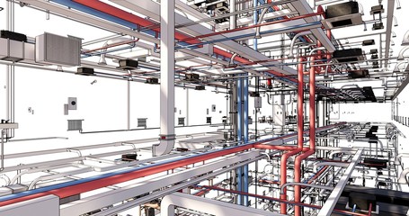 3D BIM model conceptual coordination of MEP systems – HVAC, piping and cable trays in building model