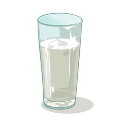 Long faceted glass cup with water. Drinking vessels. Transparent tableware with chemical or medical liquid. Drinkware with coconut or birch sirup, nectar, juice, sap. Cartoon vector on white.