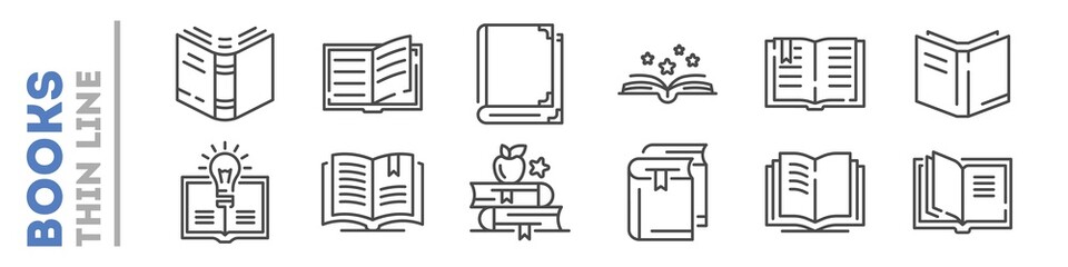 School, university books set of thin line icons on white. Outline publishing house, library pictograms collection. Reading festival, club logos. Writing competition vector for infographic, web.