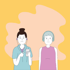 young couple friends listen music with player