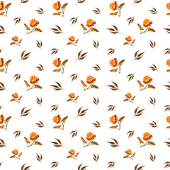 Seamless watercolor pattern with yellow forest berries cloudberry and brown leaves on white background. Cute hand drawn fashion print for textile, fabric, wrapping paper, scrapbooking and web design.