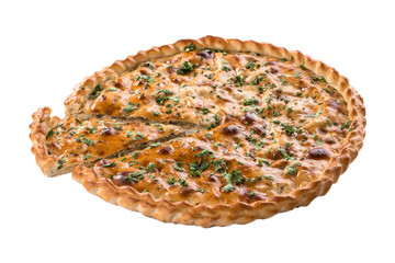 Homemade pie slice stuffed with potato and mushrooms isolated on white background