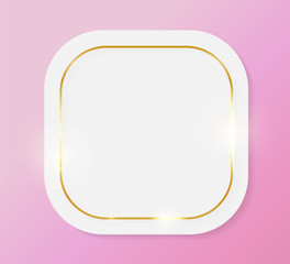 Gold shiny glowing vintage frame on white plate isolated on pink background. Golden luxury realistic border. Wedding, mothers or Valentines day concept. Xmas and New Year paper abstract. Vector
