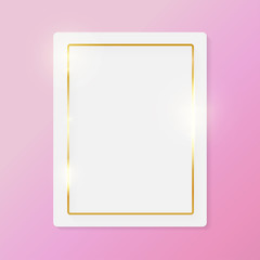 Gold shiny glowing vintage frame on white plate isolated on pink background. Golden luxury realistic border. Wedding, mothers or Valentines day concept. Xmas and New Year paper abstract. Vector