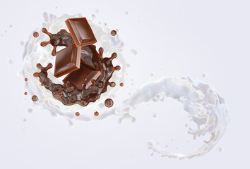 Milk chocolate bar pieces, fresh milk, cream, liquid melted chocolate, chocolate sauce 3D swirl splash twisted. Liquid milk chocolate and fresh milk cream splash template isolated on milky background