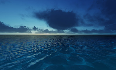 Beautiful tranquil natural vacation seascape with scenic ocean waves in tropical environment, deep clear transparent pure blue water background. A summer travel in paradise, peaceful 3D illustration