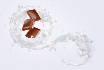 Milk chocolate bar pieces and fresh milk, cream swirl 3D splash twisted. Liquid milk chocolate and fresh milk cream splash template. Confectionery, milkshake ingredients isolated on milky background
