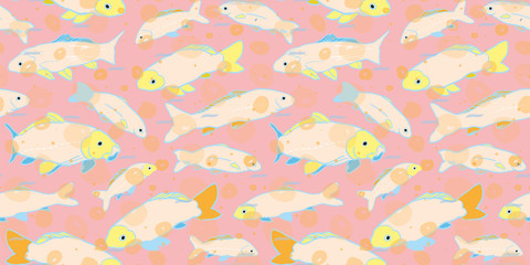 Colorful sealife goldfish koi seamless pattern. With geometric touch in tones of blue, pink and yellow. Modern, graphic, whimsical style. Perfect for restaurant menue, packaging design, aqua and sea