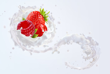 Fresh milk or yogurt splash with ripe strawberry, raspberry, cranberry. Healthy meal design ad element with milk, yogurt, cream and berries. Dairy, milk shake label design isolated on milky background