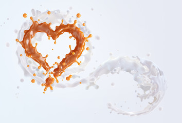 Fresh milk, melted caramel sauce heart swirl 3D splashes twisted. Yummy sweet caramel syrup and milk or milk shake splashing dessert. Advertising milk caramel cream design element isolated on white