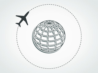 A plane is flying around the globe represented as a wireframe sphere. Travel, intercontinental and international connection, global village, concept. Subtle gray background. Vector illustration