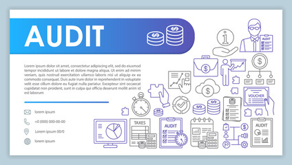 Audit web banner, business card vector template. Accounting company contact page with phone, email linear icons. Financial analysis presentation, web page idea. Corporate print design layout