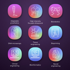 Bioengineering app icons set. Biotechnology. Molecular biology, biomedical and molecular engineering, bioinformatics. UI/UX user interface. Web or mobile applications. Vector isolated illustrations