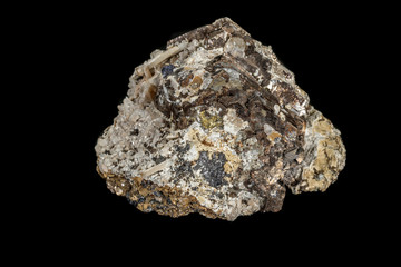 Macro stone mineral pyrite and quartz on a black background