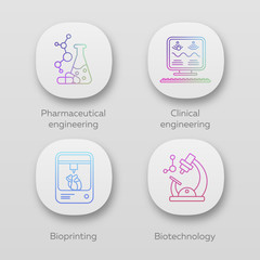 Bioengineering app icons set. Pharmaceutical and clinical engineering, bioprinting, biotechnology. UI/UX user interface. Web or mobile applications. Vector isolated illustrations