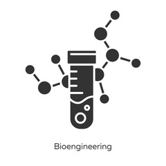 Bioengineering glyph icons set. Biological engineering. Test tube and molecule. Biochemistry, biotechnology. Laboratory equipment. Silhouette symbols. Vector isolated illustration