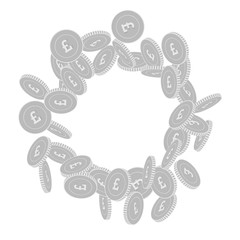 British pound coins falling. Scattered black and w