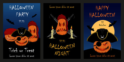 Set of vector illustrations for Halloween with the image of pumpkins. Evil pumpkin pirates. Design elements for invitation, flyer, postcard, banner, poster, flyer.