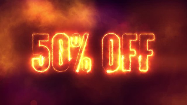 50 percent off burning text symbol in hot fire on black sale  background