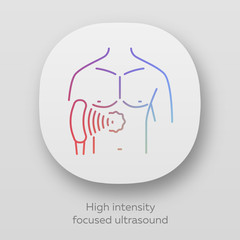 High intensity focused ultrasound app icon. HIFU. Non-invasive therapeutic technique. Treatment by ultrasonic waves. UI/UX user interface. Web or mobile applications. Vector isolated illustrations