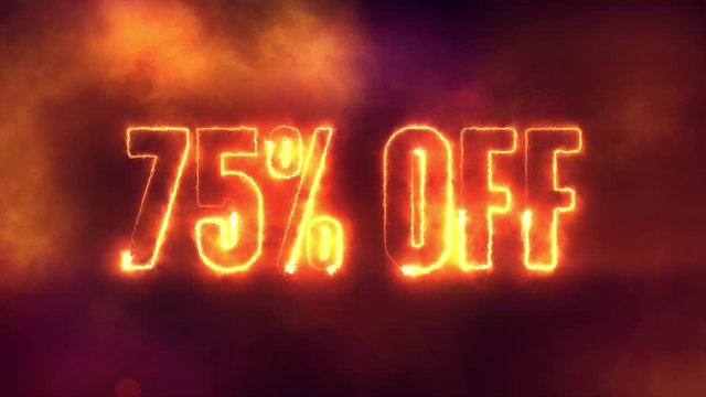 75 percent off burning text symbol in hot fire on black sale  background
