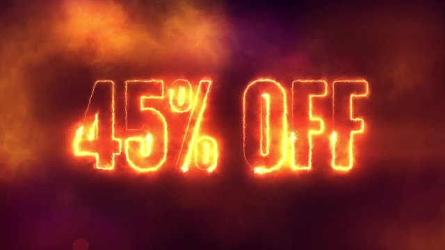 45 percent off burning text symbol in hot fire on black sale  background