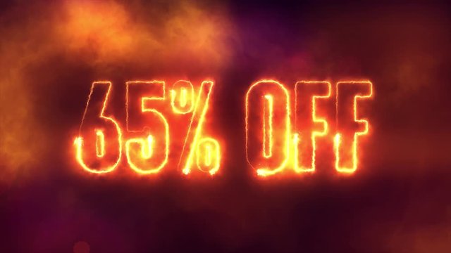 65 percent off burning text symbol in hot fire on black sale  background