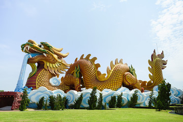 Fototapeta na wymiar Golden dragon statue in Suphan buri, Thailand.