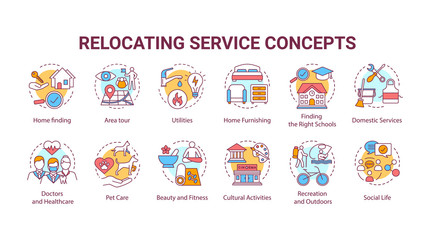 Relocating services concept icons set. Moving house, changing dwelling place idea thin line illustration. Living conditions, social life organization. Vector isolated outline drawing. Editable stroke