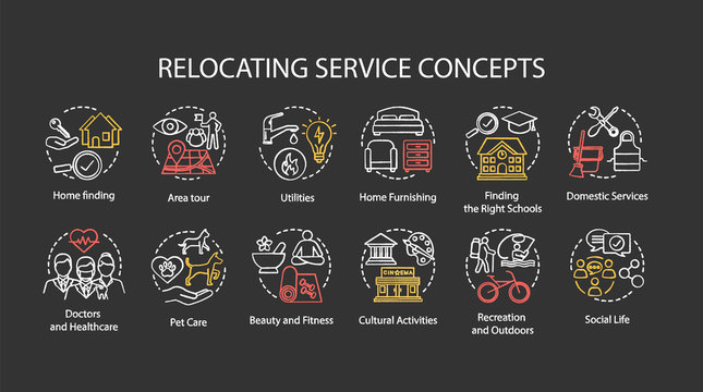 Relocating services chalk concept icons set. Moving house, changing dwelling place idea. Living conditions, social life, recreation organization. Vector isolated chalkboard illustration