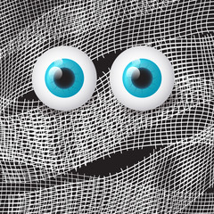 Mummy's bandages big shiny blue eyes close up view. Funny Halloween background. Can be used for greeting card, invitation, poster, flyer. Vector illustration