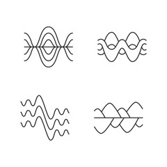 Sound waves linear icons set. Vibration, noise amplitude, levels. Audio, music, melody rhythm frequency. Thin line contour symbols. Isolated vector outline illustrations. Editable stroke