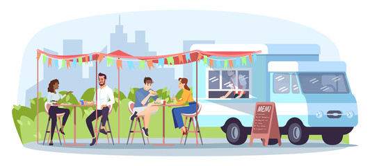 Street food cafe flat vector illustration. Ready takeaway meal restaurant. Summer festival in city park. Food truck, vendor, people at tables isolated cartoon characters on white background