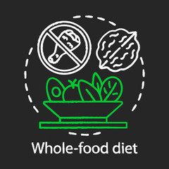 Whole food diet chalk concept icon. Vegan lifestyle idea. Chicken, walnut and vegetable salad vector isolated chalkboard illustration. Vegetarian nutrition, healthy meal. Fastfood abstention
