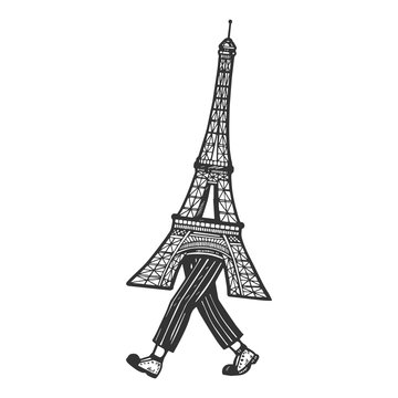 Eiffel Tower walks on its feet sketch engraving vector illustration. Scratch board style imitation. Black and white hand drawn image.