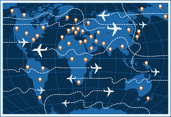 Vector banner or card on the theme of air travel. Flat illustration with airplanes and their dotted trajectories on a world map background with pointers.