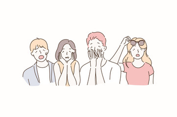 Horror, fear, surprise and shock concept. Young frightened people stare at camera in horror. Vector flat design.