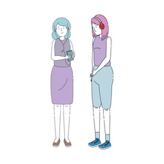 young girls listen music with earphones and player