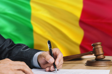 Judge writing on paper in courtroom with Mali flag background. Wooden gavel of equality theme and legal concept.